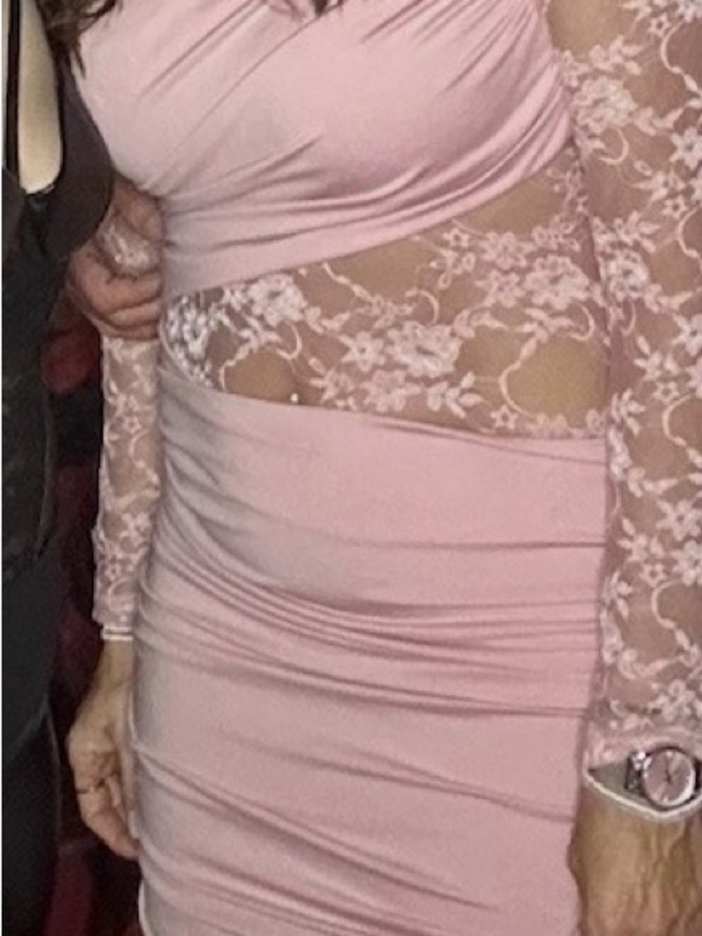 SHEIN Blush Pink Lace-Panel Long Sleeve Bodycon Dress